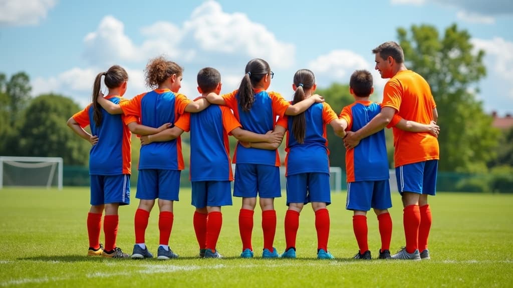 PlayUp coaches and kids in blue and orange jerseys together on a sunny field