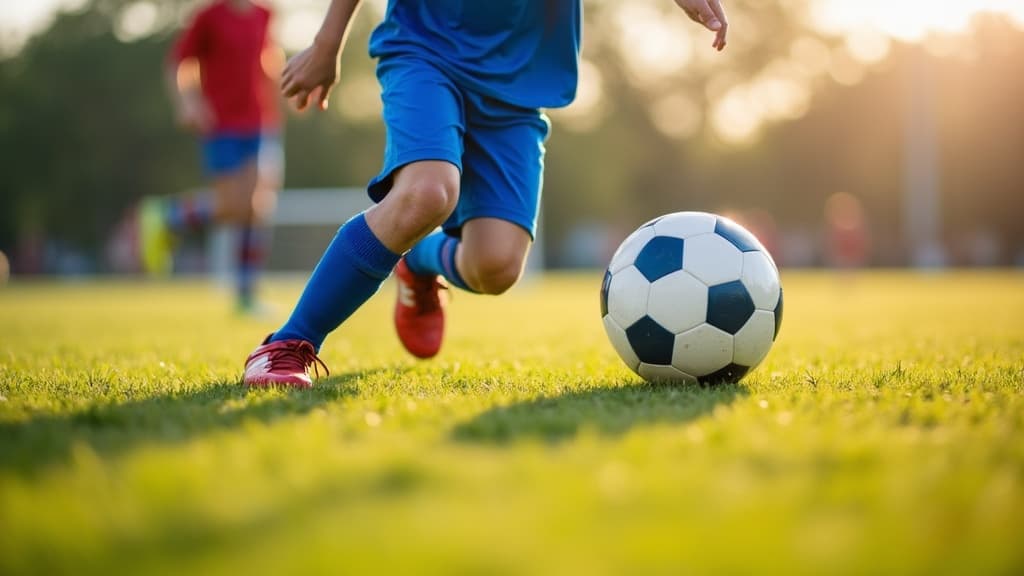 Kids in blue jerseys playing soccer on a sunny field