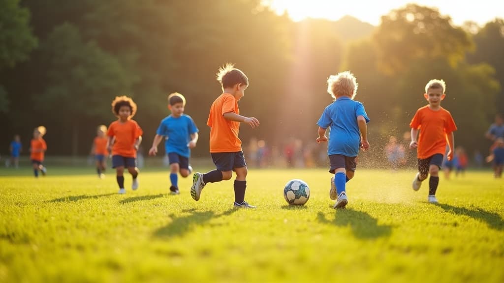 Kids in blue and orange jerseys playing a youth soccer match on a sunny field