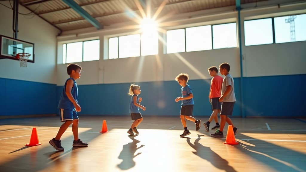 Kids in blue jerseys practicing basketball drills with orange cones in a bright gym